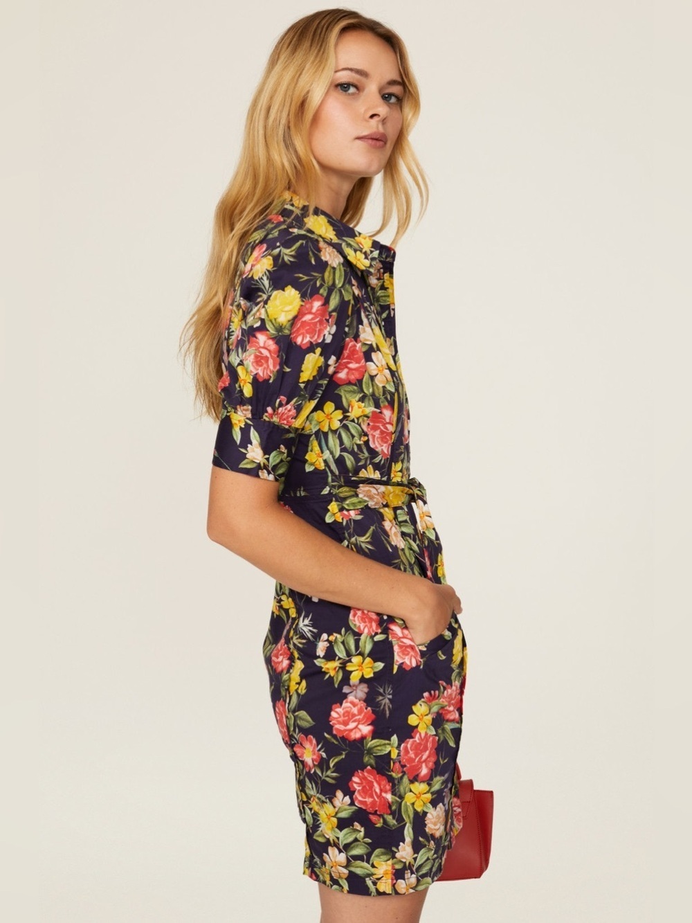 Marissa Webb Navy Tie-Waist Mini Multi Floral Printed Puff Sleeve Dress Size 10 - Picture 3 of 10